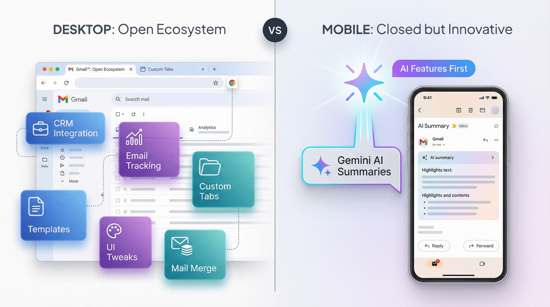 Split illustration comparing Gmail desktop's extensible browser environment with mobile's closed but AI-forward app ecosystem